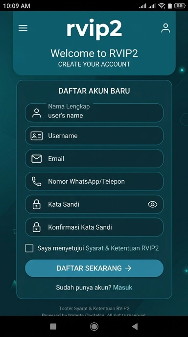 Tampilan halaman daftar rvip2